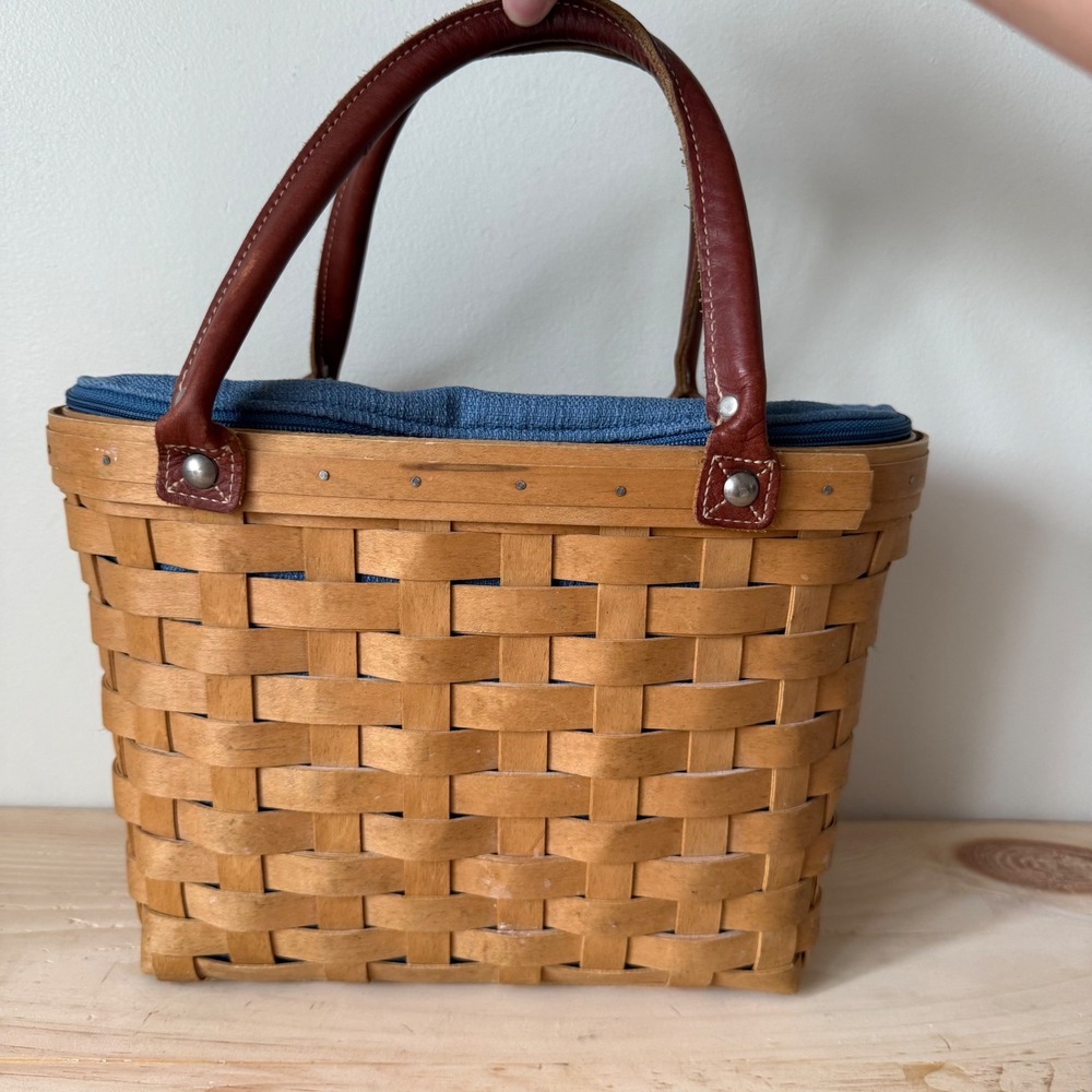 VTG Longaberger Med. Boardwalk Basket Leather Handles Zip Liner Protector USA